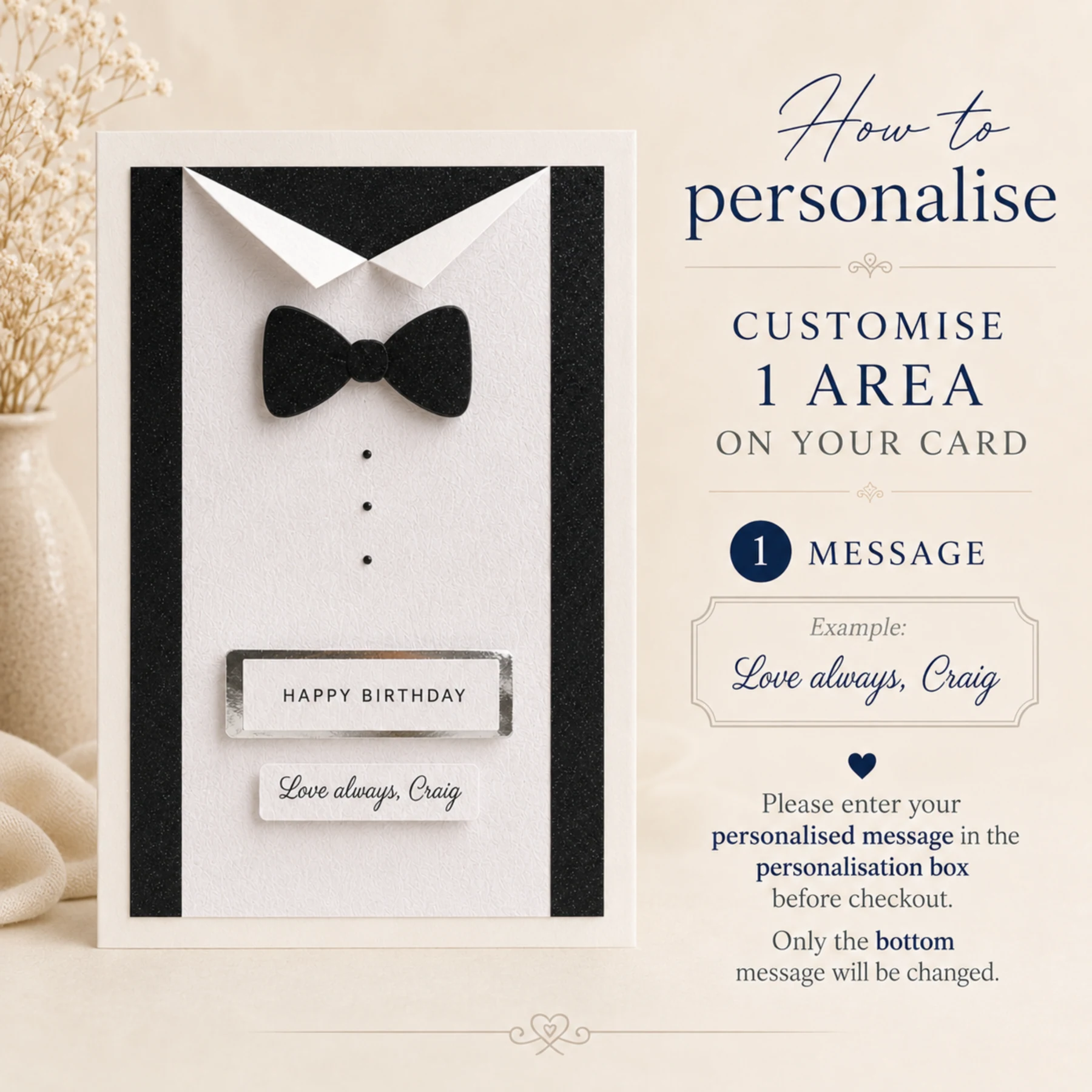 Handmade personalised tuxedo birthday card with black glitter bow tie and ivory shirt collar