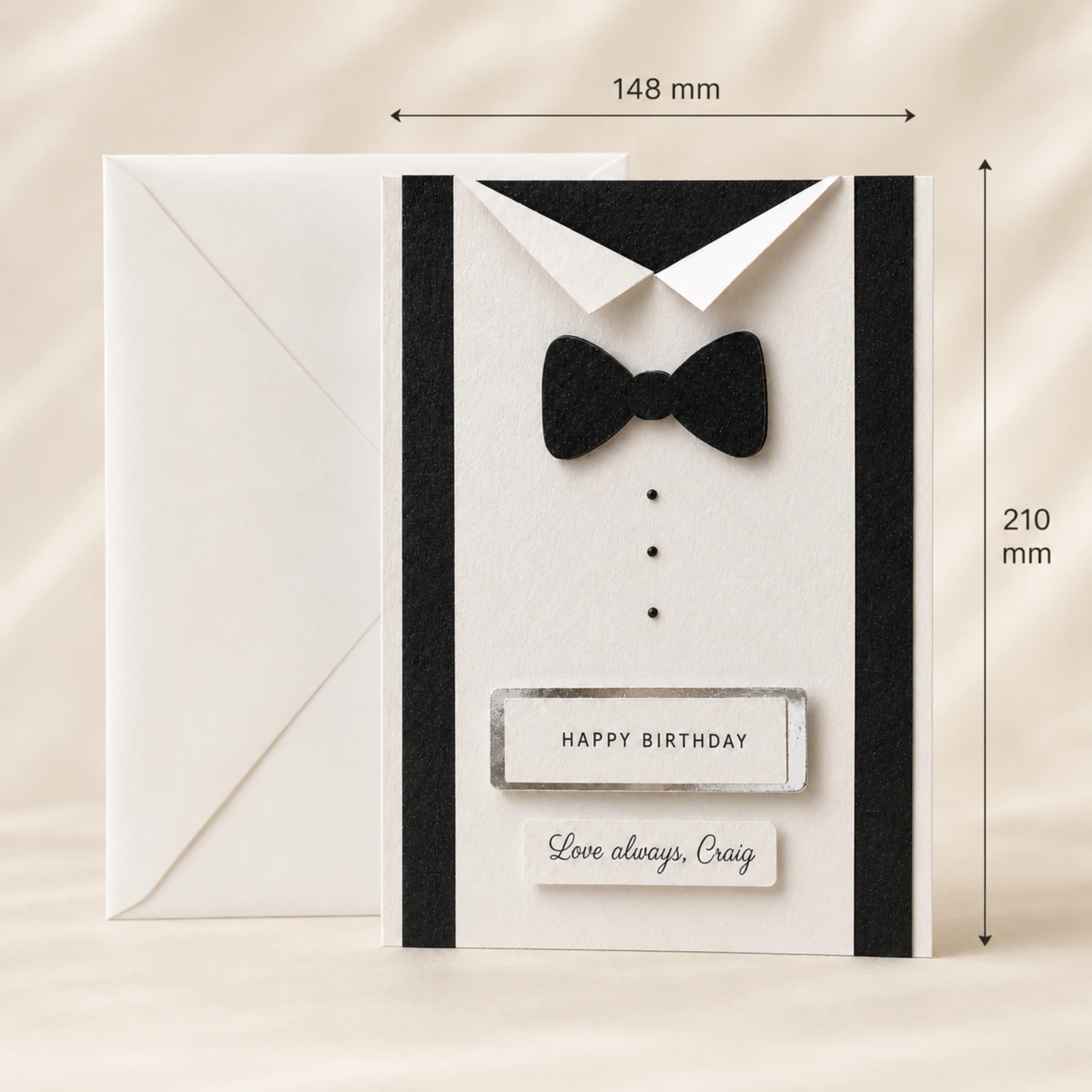 Black and ivory handmade tuxedo birthday card with personalised front message