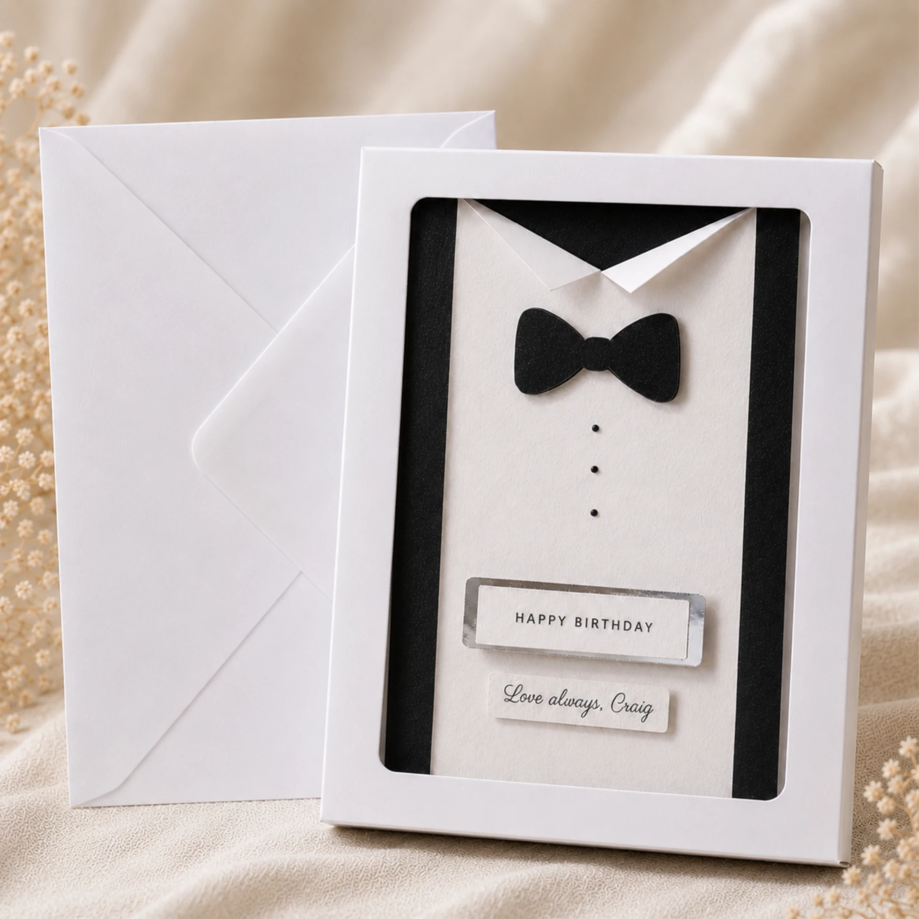 Luxury 3D tuxedo birthday card for Dad with layered black tie design