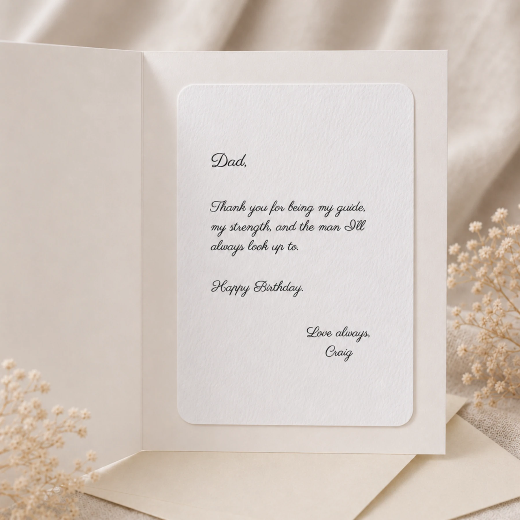 Luxury personalised black tie birthday greeting card presented as a handmade keepsake