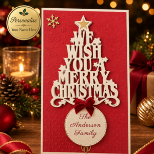 Personalised red and cream We Wish You A Merry Christmas tree card with gold accents and custom family name